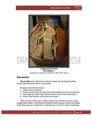 ARTS LEARNER’S MATERIAL
GRADE 9
Unit 1
W e s t e r n C l a s s i c a l A r t s T r a d i t i o n s Page 145
Judgement of Paris
(370-330B.C.)
(Image from Treasures of the World, 1961 CCP Library)
Vase painting
Kerch Style also referred to as Kerch Vases are red-figured pottery
named after the place where it was found.
Shapes commonly found are:
1. pelike (wine container)
2. lekanis (a low bowl with two horizontal handles and a low broad foot)
3. lebes gamikos (with high handles and lid use to carry bridal bath)
4. krater (bowl use for mixing wine and water)
Most common motifs were mostly scenes from the life of women (often
exaggerately idyllic), mythological beingsthat were popular among the people
of the black sea, or a scene form mythical story or event.It used a technique
 