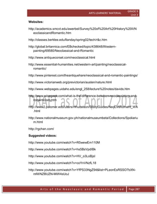 ARTS LEARNERS’ MATERIAL
GRADE 9
Unit 3
A r t s o f t h e N e o c l a s s i c a n d R o m a n t i c P e r i o d Page 287
Websites:
http://academics.smcvt.edu/awerbel/Survey%20of%20Art%20History%20II/N
eoclassicandRomantic.htm
http://classes.berklee.edu/llanday/spring02/tech/r&c.htm
http://global.britannica.com/EBchecked/topic/438648/Western-
painting/69580/Neoclassical-and-Romantic
http://www.antiquecorset.com/neoclassical.html
http://www.essential-humanities.net/western-art/painting/neoclassical-
romantic/
http://www.pinterest.com/theantiquehare/neoclassical-and-romantic-paintings/
http://www.victorianweb.org/previctorian/austen/nature.html
http://www.webpages.uidaho.edu/engl_258/lecture%20notes/davids.htm
http://www.wisegeek.com/what-is-the-difference-between-neoclassicism-and-
romanticism.htm
http://www2.palomar.edu/users/mhudelson/StudyGuides/NeoCvsRomant_WA
.html
http://www.nationalmuseum.gov.ph/nationalmuseumbeta/Collections/Spoliariu
m.html
http://rgchan.com/
Suggested videos:
http://www.youtube.com/watch?v=R5wewEm110M
http://www.youtube.com/watch?v=hs5BsVpdIBk
http://www.youtube.com/watch?v=HV_o3LoBjsI
http://www.youtube.com/watch?v=coYnVNzfL18
http://www.youtube.com/watch?v=YfPS33NgZ94&list=PLeonEsRSSO7bXN-
mlWNZBUZN-MiW4sUoJ
 