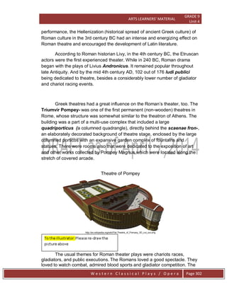 ARTS LEARNERS’ MATERIAL
GRADE 9
Unit 4
W e s t e r n C l a s s i c a l P l a y s / O p e r a Page 302
performance, the Hellenization (historical spread of ancient Greek culture) of
Roman culture in the 3rd century BC had an intense and energizing effect on
Roman theatre and encouraged the development of Latin literature.
According to Roman historian Livy, in the 4th century BC, the Etruscan
actors were the first experienced theater. While in 240 BC, Roman drama
began with the plays of Livius Andronicus. It remained popular throughout
late Antiquity. And by the mid 4th century AD, 102 out of 176 ludi publici
being dedicated to theatre, besides a considerably lower number of gladiator
and chariot racing events.
Greek theatres had a great influence on the Roman’s theater, too. The
Triumvir Pompey- was one of the first permanent (non-wooden) theatres in
Rome, whose structure was somewhat similar to the theatron of Athens. The
building was a part of a multi-use complex that included a large
quadriporticus (a columned quadrangle), directly behind the scaenae fron-,
an elaborately decorated background of theatre stage, enclosed by the large
columned porticos with an expansive garden complex of fountains and
statues. There were rooms also that were dedicated to the exposition of art
and other works collected by Pompey Magnus which were located along the
stretch of covered arcade.
Theatre of Pompey
http://en.wikipedia.org/wiki/File:Theatre_of_Pompey_3D_cut_out.png
The usual themes for Roman theater plays were chariots races,
gladiators, and public executions. The Romans loved a good spectacle. They
loved to watch combat, admired blood sports and gladiator competition. The
 