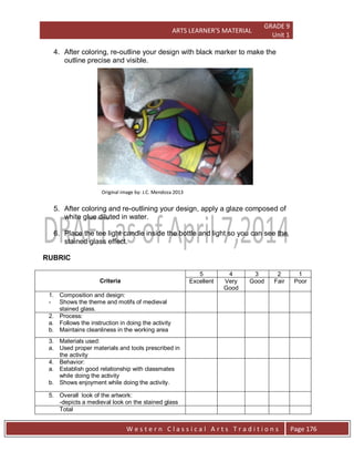 ARTS LEARNER’S MATERIAL
GRADE 9
Unit 1
W e s t e r n C l a s s i c a l A r t s T r a d i t i o n s Page 176
4. After coloring, re-outline your design with black marker to make the
outline precise and visible.
5. After coloring and re-outlining your design, apply a glaze composed of
white glue diluted in water.
6. Place the tee light candle inside the bottle and light so you can see the
stained glass effect.
RUBRIC
Criteria
5 4 3 2 1
Excellent Very
Good
Good Fair Poor
1. Composition and design:
- Shows the theme and motifs of medieval
stained glass.
2. Process:
a. Follows the instruction in doing the activity
b. Maintains cleanliness in the working area
3. Materials used:
a. Used proper materials and tools prescribed in
the activity
4. Behavior:
a. Establish good relationship with classmates
while doing the activity
b. Shows enjoyment while doing the activity.
5. Overall look of the artwork:
-depicts a medieval look on the stained glass
Total
Original image by: J.C. Mendoza 2013
 