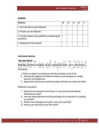 ARTS LEARNERS’ MATERIAL
GRADE 9
Unit 2
A r t s o f t h e R e n a i s s a n c e a n d B a r o q u e P e r i o d Page 225
RUBRIC
Criteria 5 4 3 2 1
1. All instructions were followed
2. Proper use of materials
3. Chosen design was justified by answering all
questions.
4. Neatness of the artwork
Individual Activity
“Scenery Spot”
Materials: canvass/ illustration board, permanent marker, paint, paint brush
Procedure:
1. Paint an object in accordance with the principles of art of the
2. Arrange the objects and different colours as to background, middle
ground, and foreground.
3. Apply color harmonies to achieve proper contrast and values of colors.
Reflection Questions:
1. What are the elements of art shown in your painting that depicts
Renaissance style?
2. How are these elements and the principles of art important in creating
an artwork?
3. What is the message conveyed in your own painting?
4. How do you feel about your own work?
 