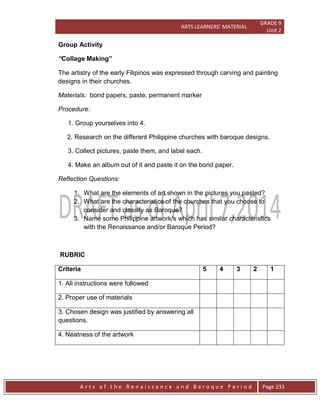 ARTS LEARNERS’ MATERIAL
GRADE 9
Unit 2
A r t s o f t h e R e n a i s s a n c e a n d B a r o q u e P e r i o d Page 233
Group Activity
“Collage Making”
The artistry of the early Filipinos was expressed through carving and painting
designs in their churches.
Materials: bond papers, paste, permanent marker
Procedure:
1. Group yourselves into 4.
2. Research on the different Philippine churches with baroque designs.
3. Collect pictures, paste them, and label each.
4. Make an album out of it and paste it on the bond paper.
Reflection Questions:
1. What are the elements of art shown in the pictures you pasted?
2. What are the characteristics of the churches that you choose to
consider and classify as Baroque?
3. Name some Philippine artwork/s which has similar characteristics
with the Renaissance and/or Baroque Period?
RUBRIC
Criteria 5 4 3 2 1
1. All instructions were followed
2. Proper use of materials
3. Chosen design was justified by answering all
questions.
4. Neatness of the artwork
 