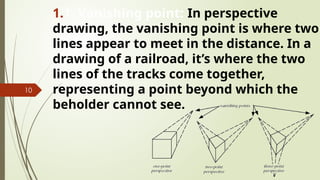 10
1.1. Vanishing point: In perspective
drawing, the vanishing point is where two
lines appear to meet in the distance. In a
drawing of a railroad, it’s where the two
lines of the tracks come together,
representing a point beyond which the
beholder cannot see.
 