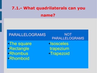 7.1.- What quadrilaterals can you
name?
PARALLELOGRAMS NOT
PARALLELOGRAMS
●The square
●Rectangle
●Rhombus
●Rhomboid
●Isosceles
trapezium
●Trapezoid
 