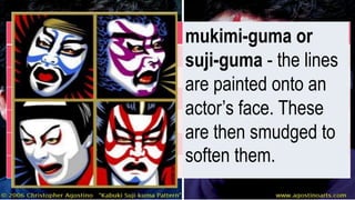 Colors Meanings
Dark Red Passion or Anger
Dark Blue Depression or Sadness
Pink Youth
Light Green Calm
Black Fear
Purple Nobility
mukimi-guma or
suji-guma - the lines
are painted onto an
actor’s face. These
are then smudged to
soften them.
 