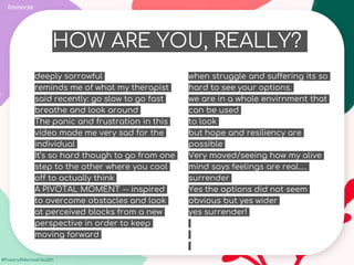#Poetry4MentalHealth
deeply sorrowful
reminds me of what my therapist
said recently: go slow to go fast
breathe and look around
The panic and frustration in this
video made me very sad for the
individual
It’s so hard though to go from one
step to the other where you cool
off to actually think
A PIVOTAL MOMENT -- inspired
to overcome obstacles and look
at perceived blocks from a new
perspective in order to keep
moving forward
HOW ARE YOU, REALLY?
Immerse
when struggle and suffering its so
hard to see your options.
we are in a whole envirnment that
can be used
to look
but hope and resiliency are
possible
Very moved/seeing how my alive
mind says feelings are real.....
surrender
Yes the options did not seem
obvious but yes wider
yes surrender!
 