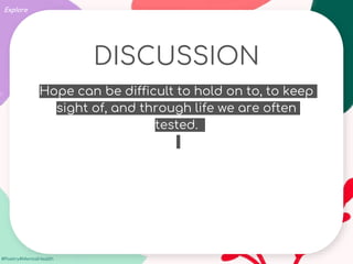 #Poetry4MentalHealth
DISCUSSION
Hope can be difficult to hold on to, to keep
sight of, and through life we are often
tested.
Explore
 