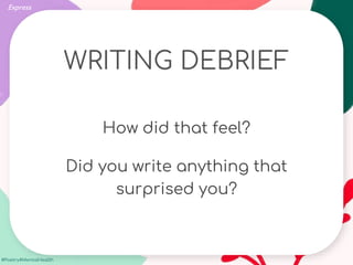 #Poetry4MentalHealth
WRITING DEBRIEF
How did that feel?
Did you write anything that
surprised you?
Express
 
