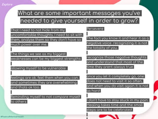 #Poetry4MentalHealth
Explore
What are some important messages you’ve
needed to give yourself in order to grow?
That I need to not hide from my
uncomfortable thoughts. I need to sit with
them, analyse them so they don't have so
much power over me.
The things we see as my biggest
weaknesses can be my biggest strengths
allowing myself to be vulnerable
feelings are ok. feel them when you can.
and sometimes they are overwhelming
and thats ok too.
Reminding myself to not compare myself
to others
Persevere
The fact you know it and hear it as a
negative voice recognizing it is not
the totality of you.
recognize those negative thoughts
and understand that most of the
time they arent always true
once you let it completely go, one
does not need to visit it so often,
and when you do visit again it is not
as hard
I don't have to stay stuck in my pain.
Healing takes time and the small
steps are to be celebrated
 