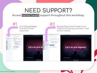 #Poetry4MentalHealth
NEED SUPPORT?
Access mental health support throughout this workshop.
Click Shared Notes
To link to online
resources
Private Chat mental health pros.
They are at the top and have * next
to their names
#1 #2
 
