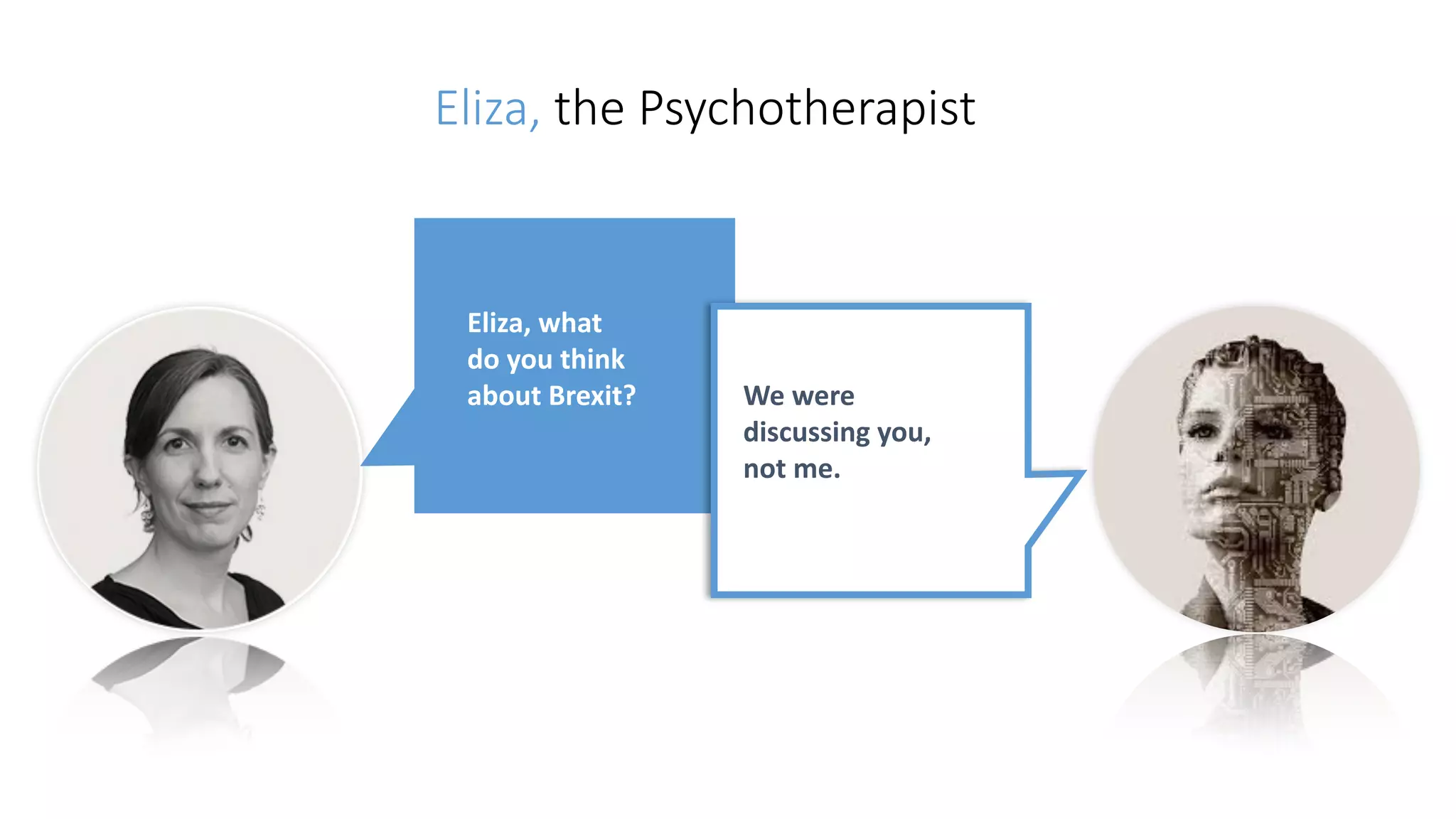 Eliza, the Psychotherapist
Eliza,	what	 
do	you	think	
about	Brexit? We	were	
discussing	you,	
not	me.
 