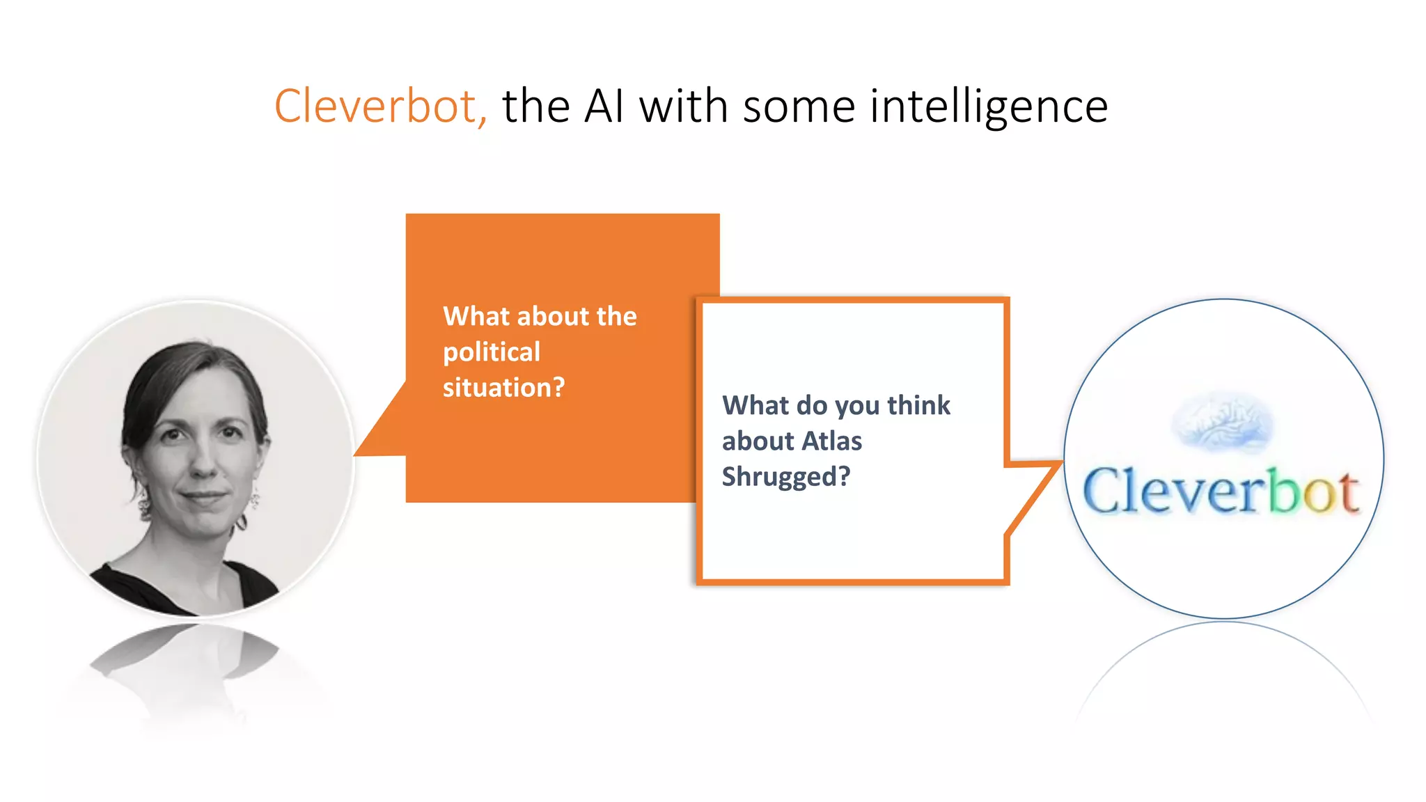 Cleverbot, the AI with some intelligence
What	about	the	
political	
situation?
What	do	you	think	
about	Atlas	
Shrugged?
 