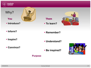 05/02/2018 Cormac McGrath
§ Introduce?
§ Inform?
§ Inspire?
§ Convince?
Why?
§ To learn?
§ Remember?
§ Understand?
§ Be inspired?
You Them
Purpose
21
 