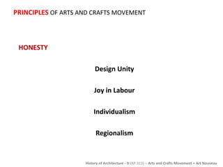 PRINCIPLES OF ARTS AND CRAFTS MOVEMENT 
History of Architecture - II (AP-313) – Arts and Crafts Movement + Art Nouveau 
HONESTY 
Design Unity 
Joy in Labour 
Individualism 
Regionalism 
 