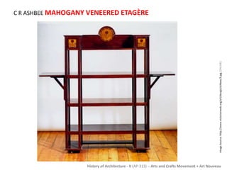 C R ASHBEE MAHOGANY VENEERED ETAGÈRE 
Image Source: http://www.victorianweb.org/art/design/ashbee/3.jpg [ONLINE] 
History of Architecture - II (AP-313) – Arts and Crafts Movement + Art Nouveau 
 