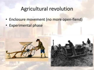Agricultural revolution 
• Enclosure movement (no more open-fiend) 
• Experimental phase 
 