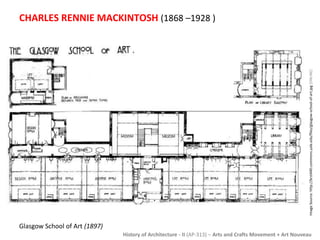 CHARLES RENNIE MACKINTOSH (1868 –1928 ) 
Image Source: http://brst440.commons.yale.edu/files/glasgow-school-of-art.jpg [ONLINE] 
History of Architecture - II (AP-313) – Arts and Crafts Movement + Art Nouveau 
Glasgow School of Art (1897) 
 