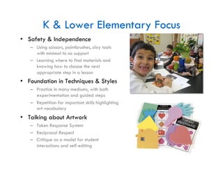 K & Lower Elementary Focus
•  Safety & Independence
   –  Using scissors, paintbrushes, clay tools
      with minimal to no support
   –  Learning where to find materials and
      knowing how to choose the next
      appropriate step in a lesson
•  Foundation in Techniques & Styles
   –  Practice in many mediums, with both
      experimentation and guided steps
   –  Repetition for important skills highlighting
      art vocabulary
•  Talking about Artwork
   –  Token Response System
   –  Reciprocal Respect
   –  Critique as a model for student
      interactions and self-editing
 