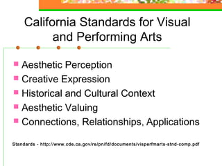 California Standards for Visual
          and Performing Arts

 Aesthetic Perception
 Creative Expression
 Historical and Cultural Context
 Aesthetic Valuing
 Connections, Relationships , Applications


Standards - http://www.cde.ca.gov/re/pn/fd/documents/visperfmarts-stnd-comp.pdf
 