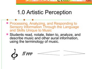 1.0 Artistic Perception
   Processing, Analyzing, and Responding to
    Sensory Information Through the Language
    and Skills Unique to Music
   Students read, notate, listen to, analyze, and
    describe music and other aural information,
    using the terminology of music.


            ff ppp
 