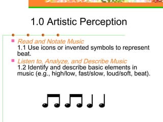 1.0 Artistic Perception
   Read and Notate Music
    1.1 Use icons or invented symbols to represent
    beat.
   Listen to, Analyze, and Describe Music
    1.2 Identify and describe basic elements in
    music (e.g., high/low, fast/slow, loud/soft, beat).
 