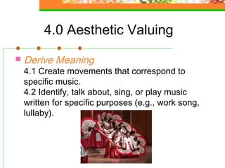 4.0 Aesthetic Valuing
   Derive Meaning
    4.1 Create movements that correspond to
    specific music.
    4.2 Identify, talk about, sing, or play music
    written for specific purposes (e.g., work song,
    lullaby).
 
