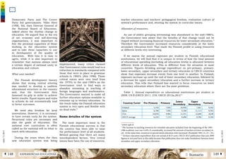 2 SumarioEXPERIENCIAS EDUCATIVASÁ 148 149 Â
núm.5|2013
núm.5|2013
teacher education and teachers’ pedagogical freedom, evaluation culture of
system’s performance and, steering the system in curricular issues.
Allocation of resources
As use of ability grouping (streaming) was abandoned in the mid-1980’s,
the Government was aware that the benefits of that change could not be
reaped without increasing financial resources for lower secondary education.9
Therefore the Government increased resources considerably at the lower
secondary education level. That made the Finnish profile in using resources
at different levels very interesting.
If we assess the annual expenses per student in Finnish educational
institutions, we will find that it is unique in terms of how the total amount
of educational spending (including all education levels) is allocated between
different levels of education. This is different from the situation in most
countries. Figures detailing average expenditure on pre-primary, primary,
lower secondary, upper secondary and tertiary education in OECD countries
show that expenses increase evenly from one level to another. In Finland,
expenses increase up until the end of lower secondary education, followed by
a decrease for upper secondary education and a further increase in tertiary
education. This tells that Finland has wanted to focus resources on lower
secondary education where there are the most problems.
Table 1: Annual expenditure on educational institutions per student in
2008, US $ (OECD 2011, 218; OECD 2012a,261)10
Country/Level Pre-Primary Primary
Lower
Secondary
Upper
Secondary
Tertiary
Finland 5,334 7,092 10,950 7,461 9,592
Spain 6,708 7,092 9,108 11,113 9,592
USA 10,070 9,982 11,551 12,690 26,90
OECD average 6,210 7,153 8,498 9,396 9,349
8
www.oph.fi
9
The increase in teaching resources for remedial education included from the beginning of the 1985 –
1986 academic year was 14.6%. It considerably increased the amount of teachers at lower secondary le-
vel. At the same time, resources in special needs education were increased. (Koululait 1983, 21, 23 – 24.)
10
Tertiary education expenditure does not include R & D costs. OECD 2012 publication that uses 2009
figures is not used here in this table because that publication does not make breakdown between lower
secondary and upper secondary education.
Democratic Party and The Centre
Party led governments. Vilho Hirvi
(1996, 56), then Director General of
the National Board of Education,
talked about the rhythm change in
education. He argued that in the era
of net economy and self-directing
organisations, it was important to
free the personal capacities of those
working in the education system
and to take these capacities to use
in development of the quality of
education. With him it is easy to
agree, while it is also important to
remember that nations always need
a certain degree of national unity in
education and culture.
What was needed?
The Finnish development history
shows that strong central steering
was needed to develop a uniform
educational structure in the country
and, that the Government then
loosened its grip in order to achieve
better results. Equal inputs and rules
to schools do not automatically lead
to better outcomes.
We need also freedom for local
innovations. However, it is necessary
to have certain unity for the system.
Structural rules are necessary and
also the goals of education. The
national core curriculum is often
called as the national will on what to
reach with education.
During the years when the then
new education system was being
implemented, many critics claimed
that Government rules would lead to a
reduction in standards compared with
those that were in place in grammar
schools in 1960’s. (Aho 1996). Those
critical voices were very loud from
the 1970’s to the mid-1980's as the
Government tried to find ways to
abandon streaming in teaching of
foreign languages and mathematics.
The Government wanted to make all
further education options available to
everyone up to tertiary education. As
the result today the Finnish education
system is very open and flexible with
no dead ends.8
Some detailes of the system
The most important issue in the
Finnish educational success is that
the country has been able to raise
the performance level of all students.
Behind gaining that there are many
interdependent factors. Very critical
issues have been the use of resources,
 