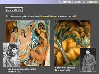 Per tal de reflectir aquest sentiments i remarcar l’expressivitat, Munch, deformarà en les
seves pintures la realitat visual.
Un bon exemple d’això ho trobem en la seva obra
més coneguda: El crit (1893)
En aquesta pintura el dibuix, el color i la composició
es subordinen a l’expressió
Munch, deixa de banda la còpia mimètica de la
realitat visual, i converteix el quadre en un
paisatge delirant a base forts contrastos cromàtics
i de grans línies ondulades.
I simplificant o deformant les formes com el rostre
del personatge del qual sorgeix el crit.
El quadre es converteix així, en una experiència
subjectiva a través del qual Munch expressa les
seves, pors, angoixes i frustracions existencials tal
com ens explica ell mateix:
“ Caminava amb dos amics pel passeig - el sol es ponia- de sobte el cel es tornà roig - jo em vaig
parar- ... sobre la ciutat i el fiord blau no veia sinó sang i llengües de foc. Els meus amics seguien el
seu passeig i jo continuava aturat al mateix lloc, sol, tremolant d’angoixa, i vaig sentir un crit,
extens, infinit que penetrava tota la natura"
4.- ART SEGLE XX : L’EXPRESSIONISME
 