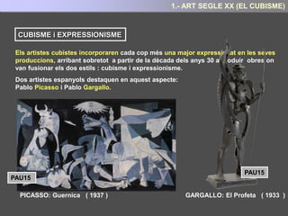 EVOLUCIÓ DEL CUBISME:
En l’evolució del cubisme podem diferenciar dues etapes:
El CUBISME ANALÍTIC ( 1907-1911)
Noia amb Mandolina. Picasso 1910
EL CUBISME ANALÍTIC I EL CUBISME SINTÈTIC
El CUBISME SINTÈTIC ( 1911 - 1914)
Picasso. Guitarra 1916
6.- ART SEGLE XX : EL CUBISME
 