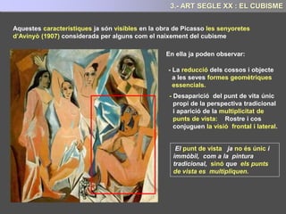 En general, els artistes surrealistes, no són
partidaris de l'abstracció sinó que utilitzen el
naturalisme.
Trenquen amb les convencions socials, fan
grans excentricitats... Les dites de Dalí són
un exemple de l’automatisme irracional.
Pinten formes allargades, espais buits i
opressius, metamorfosis, etc.
CARACTERÍSTIQUES DEL SURREALISME
En general en les seves obres el dibuix és
meticulós, presentant moltes vegades una
minuciositat gairebé fotogràfica en el
tractament dels detalls
“Sueño causado por el vuelo de una abeja alrededor
de una granada un segundo antes del despertar”
Salvador Dalí 1944
9.- ART SEGLE XX: EL SURREALISME
 