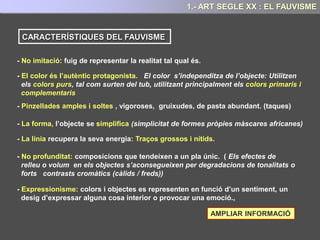 Una altra característica de la pintura de Kandinsky és la relació que aquest estableix entre
música i pintura.
Per Kandinsky, música i pintura són una mateixa cosa, per ell una pintura és com una
composició musical, és capaç de transmetre o provocar en el espectador una emoció, un
estat d'ànim o un sentiment.
Els colors i les formes
són a la pintura el els
instruments i els sons a
la música:
“El blau clar era la
flauta, el fosc el
violoncel, i el més fosc el
contrabaix. El groc es
torna agut i no pot baixar
i fer-se profund, el blau
al revés. L’equilibri ideal
es troba en el verd... La
calma...”
6.- ART SEGLE XX: L’ABSTRACCIÓ
 