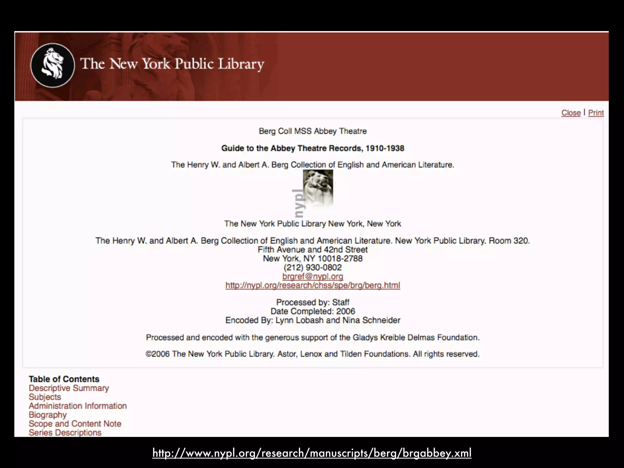 http://www.nypl.org/research/manuscripts/berg/brgabbey.xml
 