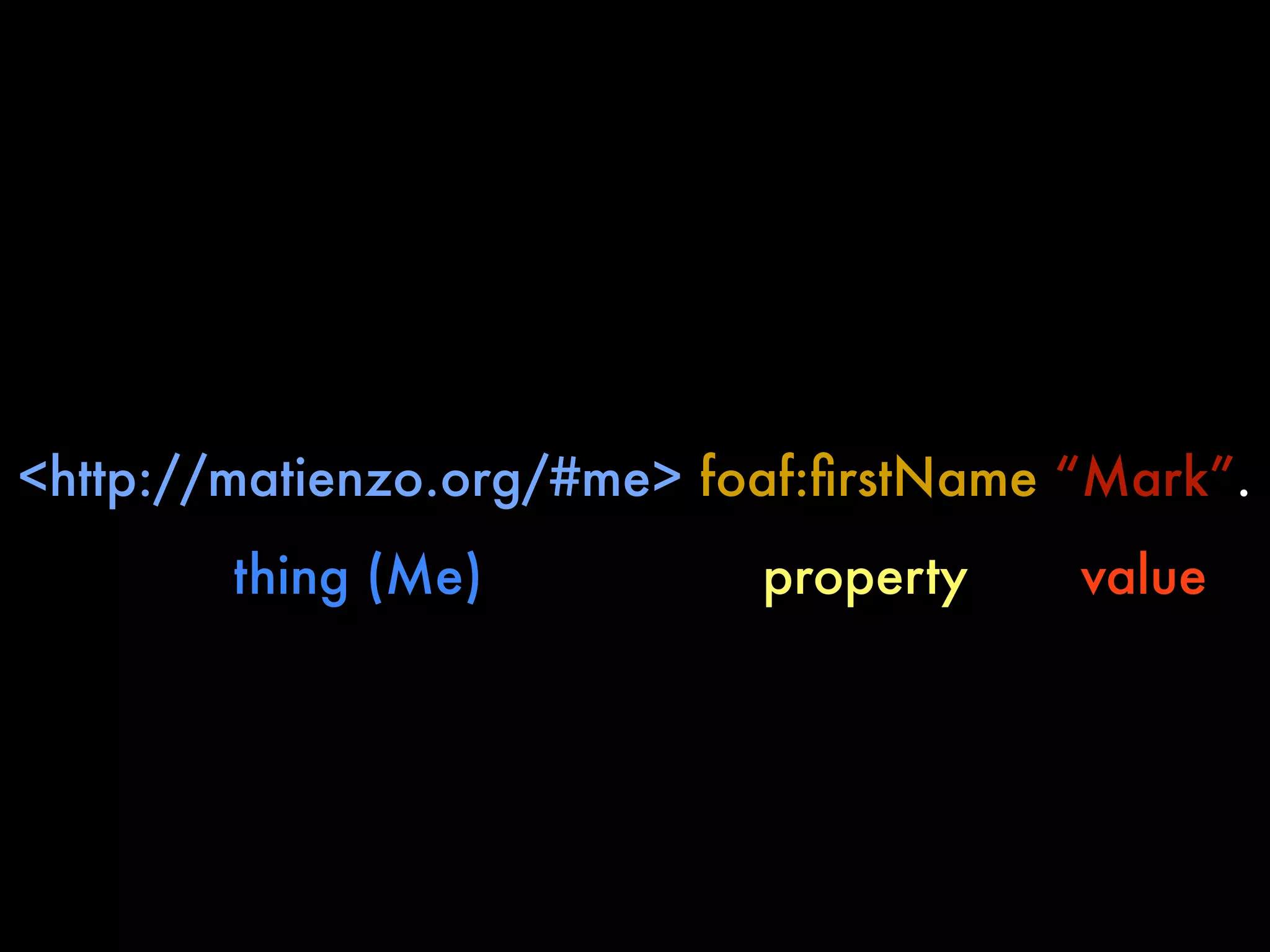 <http://matienzo.org/#me> foaf:ﬁrstName “Mark”.
        thing (Me)          property    value
 