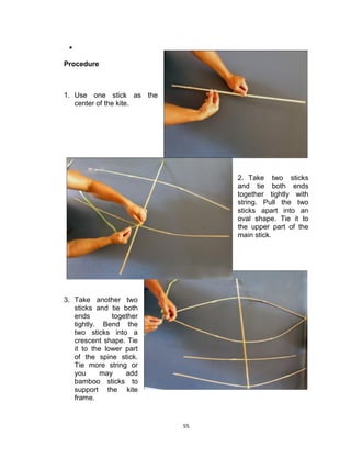 55

Procedure
1. Use one stick as the
center of the kite.
2. Take two sticks
and tie both ends
together tightly with
string. Pull the two
sticks apart into an
oval shape. Tie it to
the upper part of the
main stick.
3. Take another two
sticks and tie both
ends together
tightly. Bend the
two sticks into a
crescent shape. Tie
it to the lower part
of the spine stick.
Tie more string or
you may add
bamboo sticks to
support the kite
frame.
 
