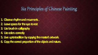 1. Observerhythmandm
o
ve
m
e
n
t
s.
2. Leavespacesforthee
y
estorest
3. Usebrushincalligraphy
4. Usecolorscorrectly
5. Liveuptotraditionbycopyingthemaster’
sartwork.
6. Copythecorrectproportionoftheob
jectsandnature.
 