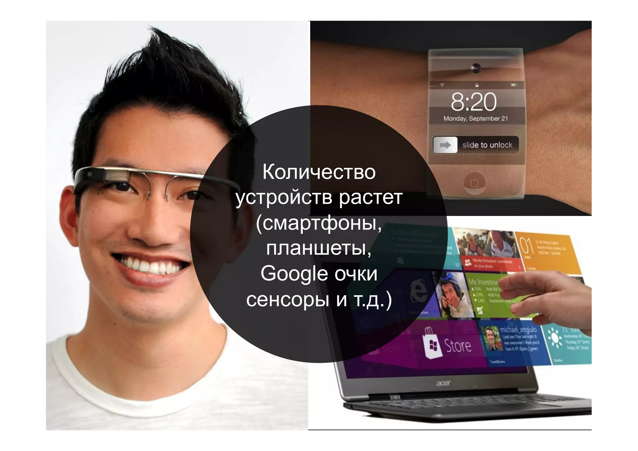 Количество
устройств растет
(смартфоны,
планшеты,
Google очки
сенсоры и т.д.)
 