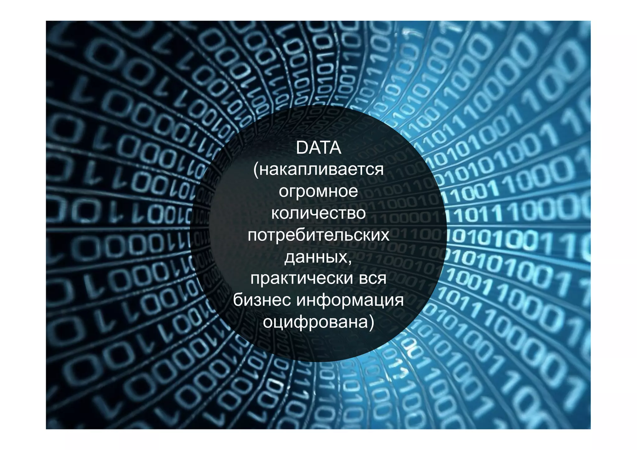 DATA
(накапливается
огромное
количество
потребительских
данных,
практически вся
бизнес информация
оцифрована)
 