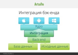 Наши успешные кейсы: 
TradeSurvey для автодилеров. 
Приложение для контроля уровня клиентской удовлетворённости. 
Обладает следующим функционалом: единый интерфейс для всех внутренних и внешних анкет, 
удобный инструмент управления анкетированием клиентов, контроль за уровнем удовлетворенности, 
инструмент сокращения времени на формирование типовых отчетов, ежедневное прогнозирование 
результатов по индексам удовлетворенности импортёра, интеграции платформы с внутренними и 
внешними подсистемами, возможность индивидуальной доработки платформы под конкретные задачи. 
mobile.artsofte.ru 
 