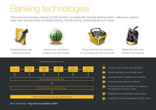 Banking technologies
Web services for providing services for B2B and B2C connected with Automate Banking System, self-service systems,
sales chain, lead generation and digitalmarketing, internet-banking, mobile applications for banks.
Increasing Internet sales
of banking products
Improving the convenience
of ready-made internet banks
Giving consumers the opportunity
to buy banking products on their own
Making Web resources
convenient and beautiful
Multifaceted approach
Landing web-services and calculators.
Mobile applications and mobile view.
Lead generation, auditing and consulting.
Corporate bank sites and intranets.
Internet-banks and interfaces for operating
RB plarforms (Compass, BSS).
Rebranding and advertising media design.
Proprietary (native) software for financial sector.
More information:
 