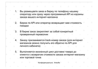 1.  Вы размещаете заказ в биржу по телефону нашему
оператору или сразу через программный API из корзины
заказа вашего интернет-магазина
2.  Биржа по API или оператор возвращает вам стоимость
поездки
3.  В бирже заказ закрепляет за собой конкретный
проверенный перевозчик
4.  Заказу присваивается track-номер заказа (для интернет
магазинов можно получить его обратно по API для
личного кабинета)
5.  Выполняется жизненный цикл доставки товара до
клиента с возвратом стоимости заказа интернет-магазину
или торговой точке
Конфиденциально. Artsofte
 