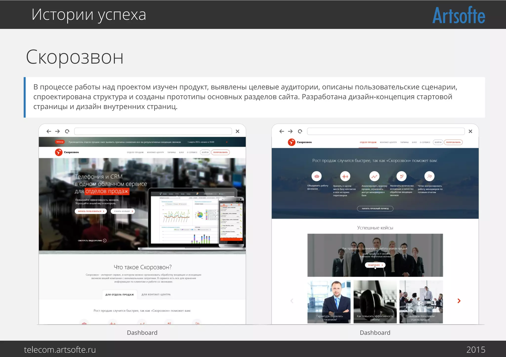 Скорозвон
Истории успеха
В процессе работы над проектом изучен продукт, выявлены целевые аудитории, описаны пользовательские сценарии,
спроектирована структура и созданы прототипы основных разделов сайта. Разработана дизайн-концепция стартовой
страницы и дизайн внутренних страниц.
Dashboard Dashboard
telecom.artsofte.ru 2016
 