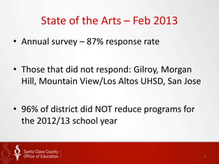 State of the Arts – Feb 2013
• Annual survey – 87% response rate

• Those that did not respond: Gilroy, Morgan
  Hill, Mountain View/Los Altos UHSD, San Jose

• 96% of district did NOT reduce programs for
  the 2012/13 school year


                                                 4
 