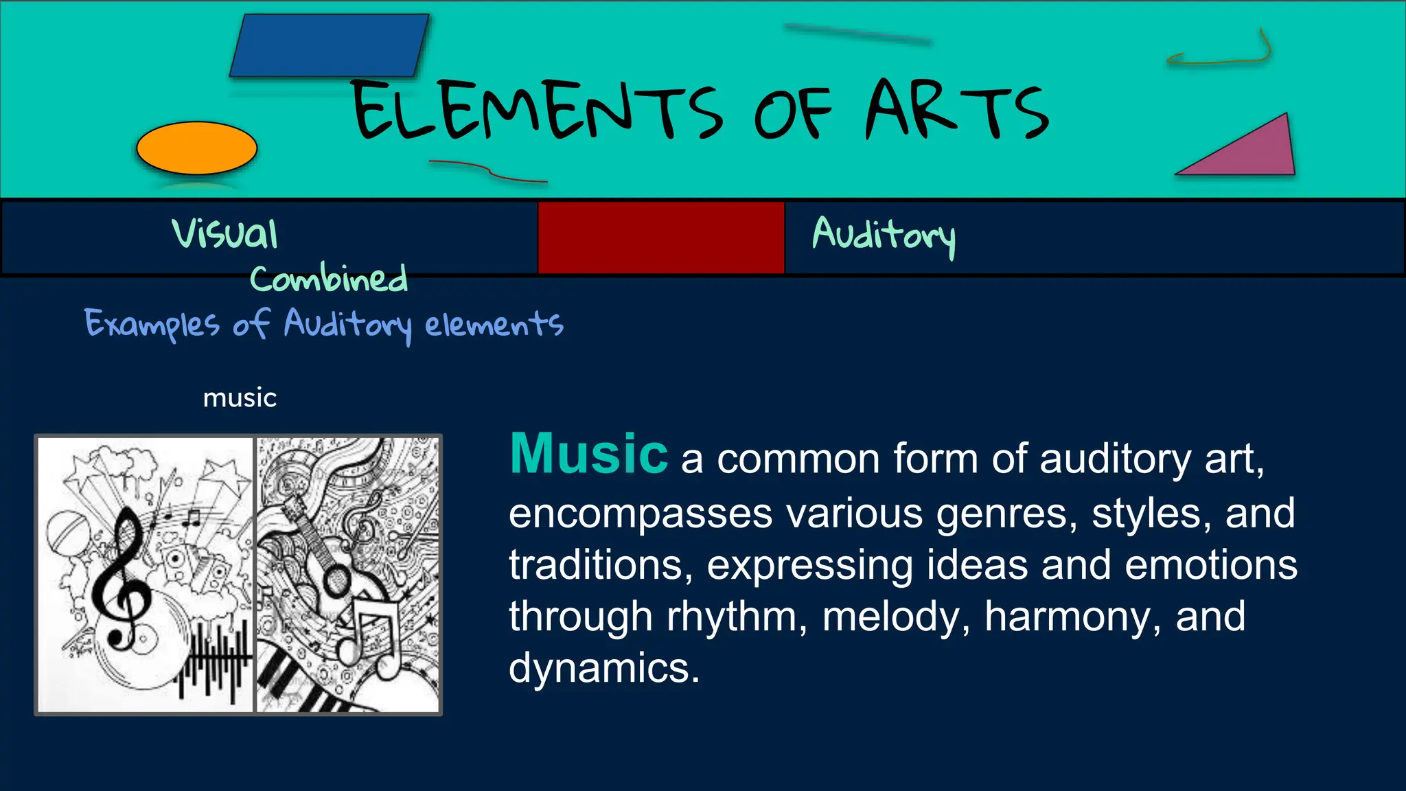 ELEMENTS OF ARTS
Examples of Auditory elements
music
Music a common form of auditory art,
encompasses various genres, styles, and
traditions, expressing ideas and emotions
through rhythm, melody, harmony, and
dynamics.
Visual Auditory
Combined
 