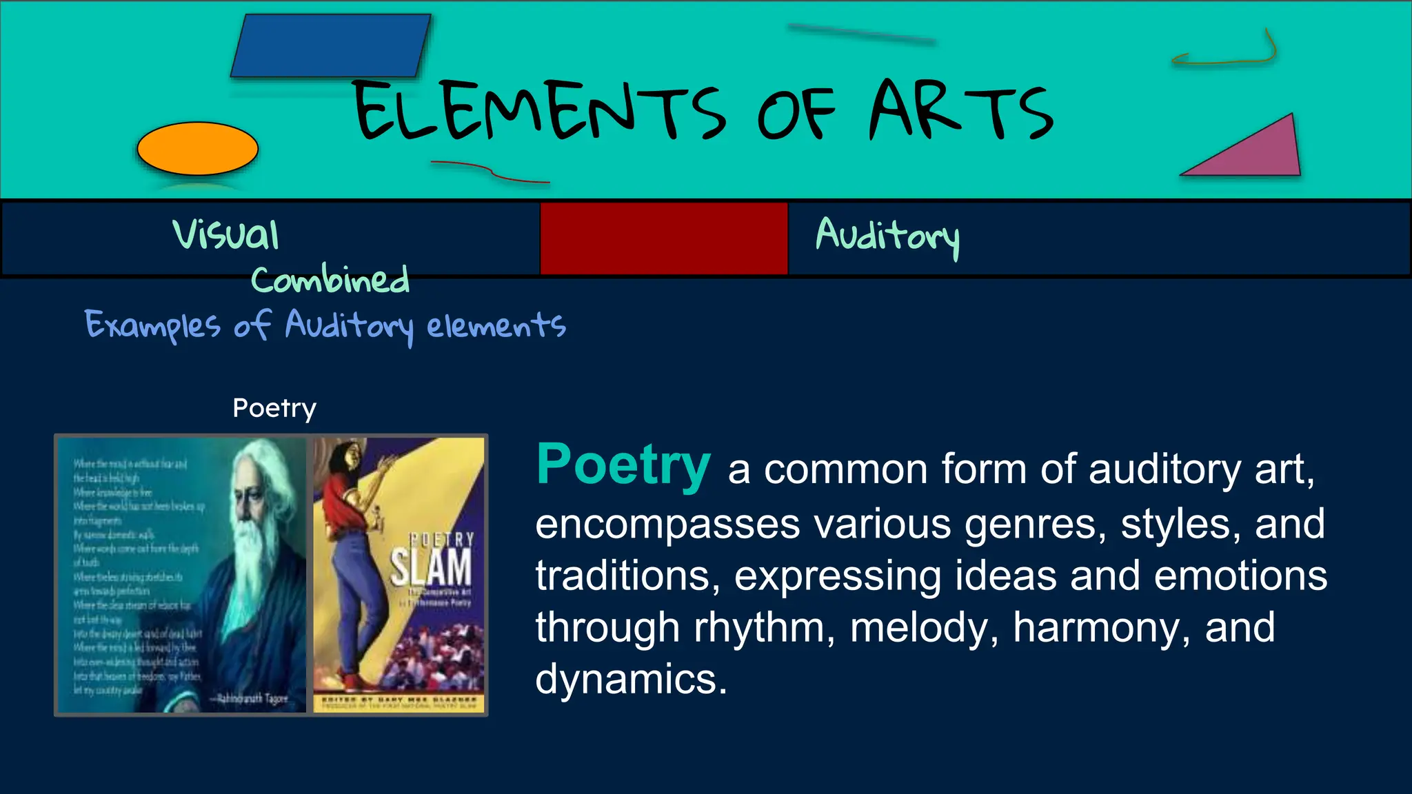 ELEMENTS OF ARTS
Examples of Auditory elements
Poetry a common form of auditory art,
encompasses various genres, styles, and
traditions, expressing ideas and emotions
through rhythm, melody, harmony, and
dynamics.
Visual Auditory
Combined
Poetry
 