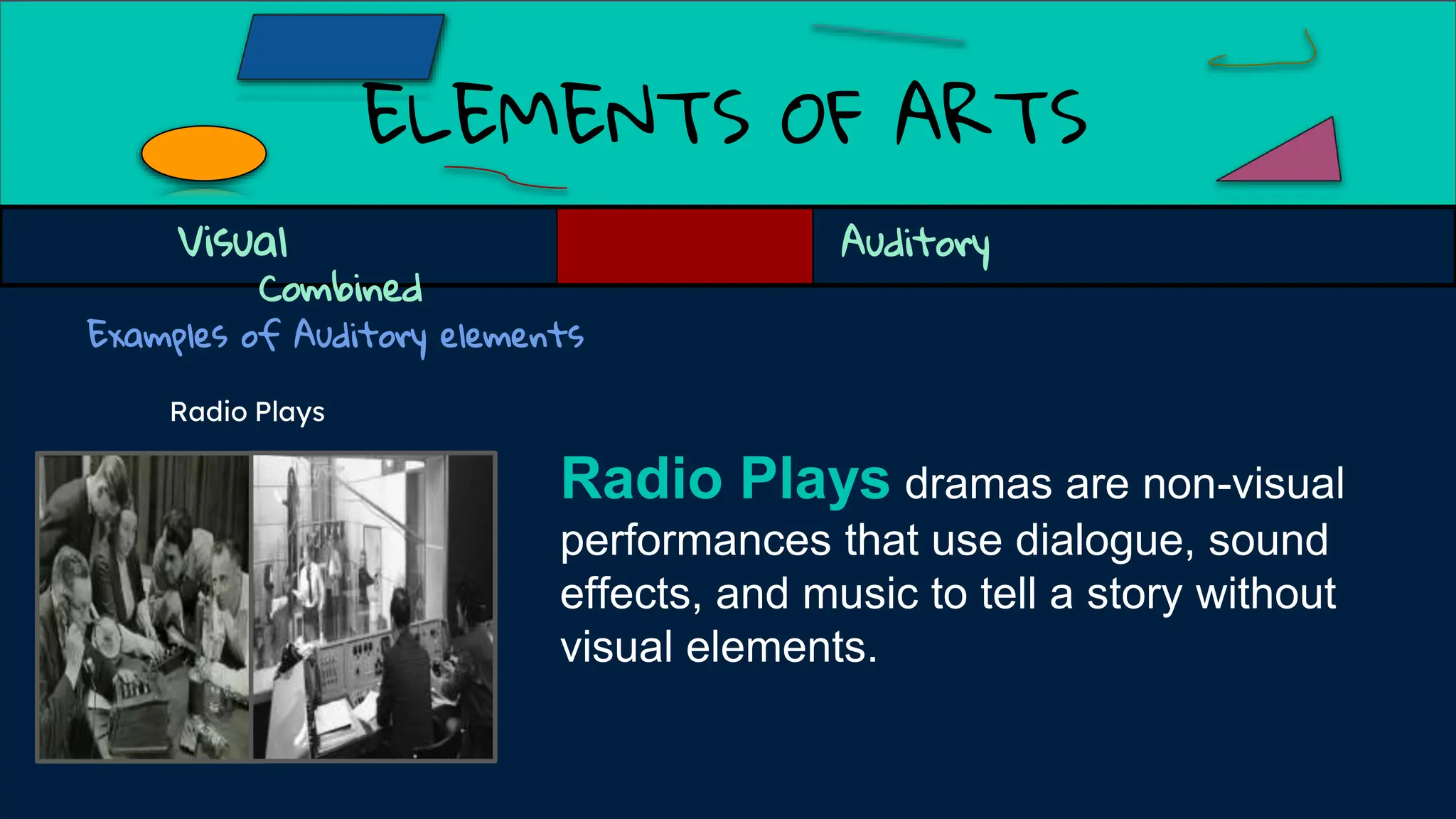 ELEMENTS OF ARTS
Examples of Auditory elements
Radio Plays dramas are non-visual
performances that use dialogue, sound
effects, and music to tell a story without
visual elements.
Visual Auditory
Combined
Radio Plays
 