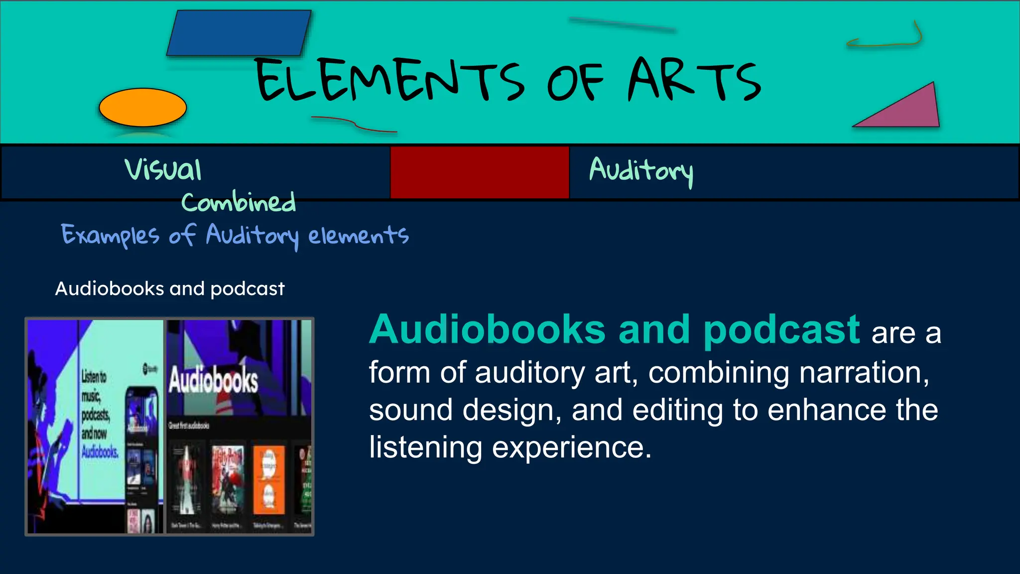 ELEMENTS OF ARTS
Examples of Auditory elements
Audiobooks and podcast are a
form of auditory art, combining narration,
sound design, and editing to enhance the
listening experience.
Visual Auditory
Combined
Audiobooks and podcast
 