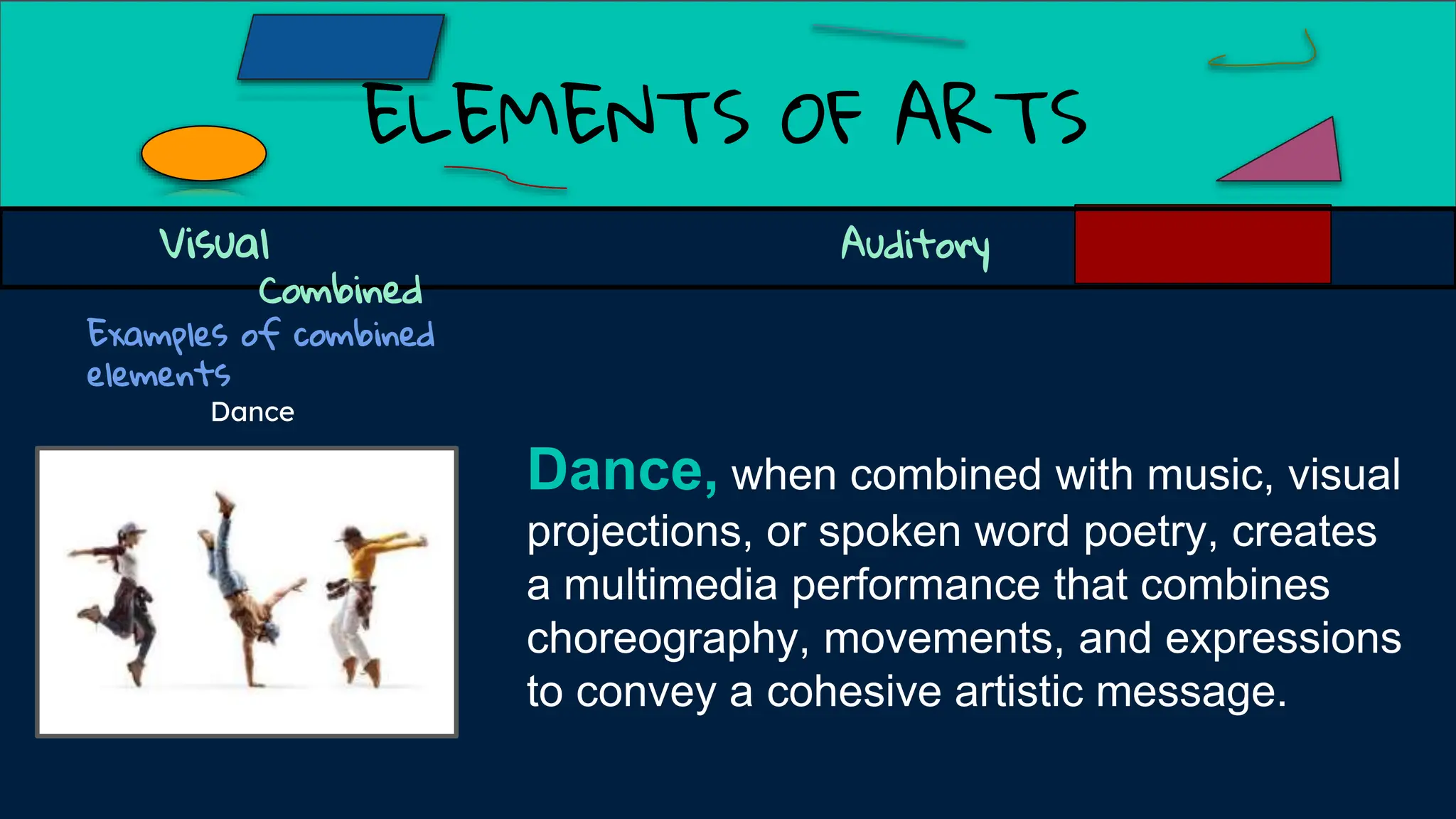 ELEMENTS OF ARTS
Examples of combined
elements
Dance
Visual Auditory
Combined
Dance, when combined with music, visual
projections, or spoken word poetry, creates
a multimedia performance that combines
choreography, movements, and expressions
to convey a cohesive artistic message.
 
