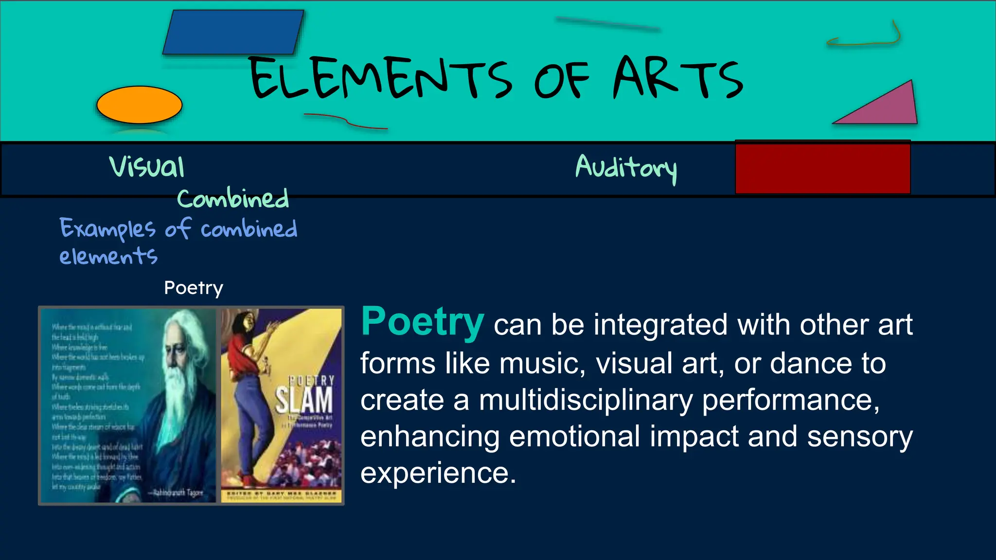 ELEMENTS OF ARTS
Examples of combined
elements
Visual Auditory
Combined
Poetry can be integrated with other art
forms like music, visual art, or dance to
create a multidisciplinary performance,
enhancing emotional impact and sensory
experience.
Poetry
 