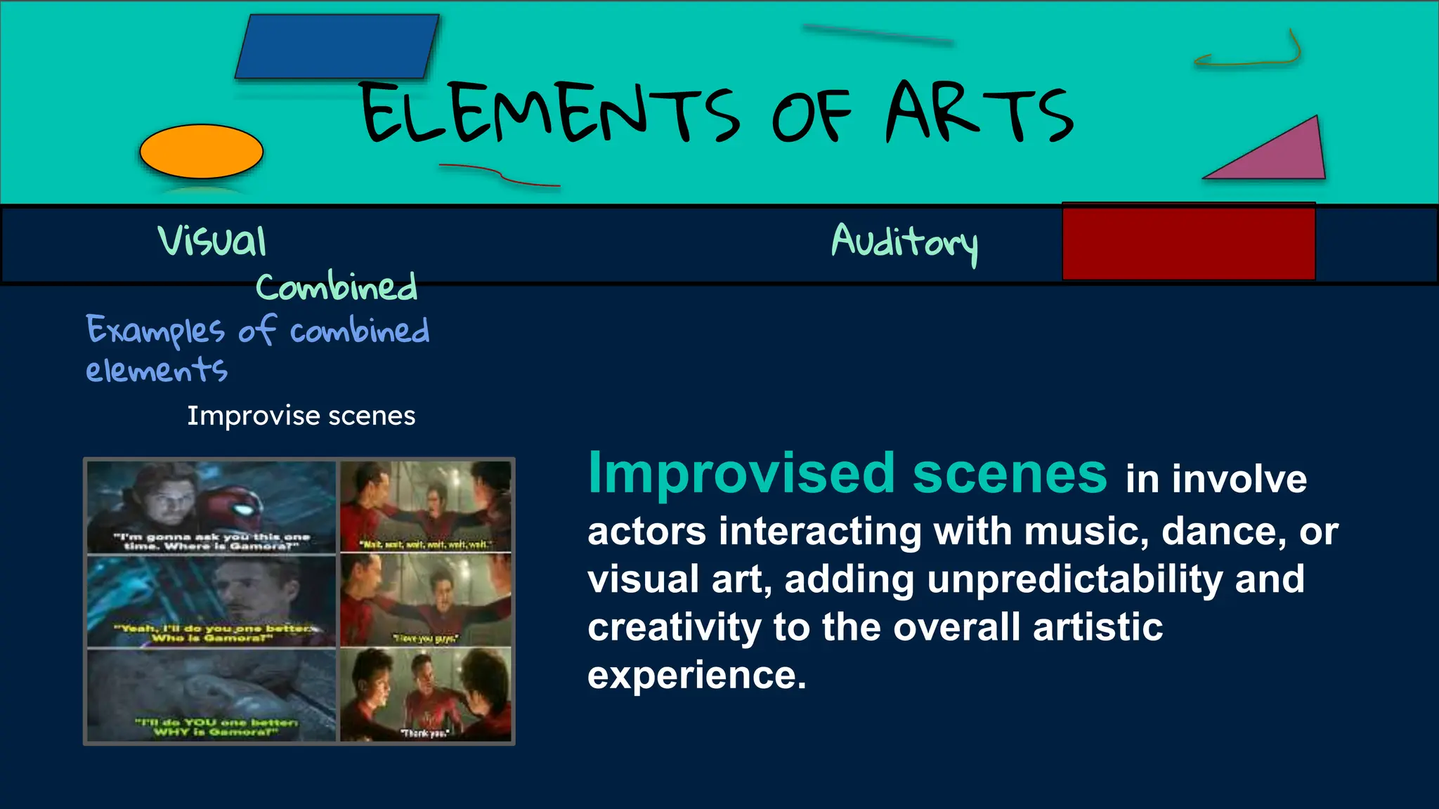 ELEMENTS OF ARTS
Examples of combined
elements
Visual Auditory
Combined
Improvised scenes in involve
actors interacting with music, dance, or
visual art, adding unpredictability and
creativity to the overall artistic
experience.
Improvise scenes
 