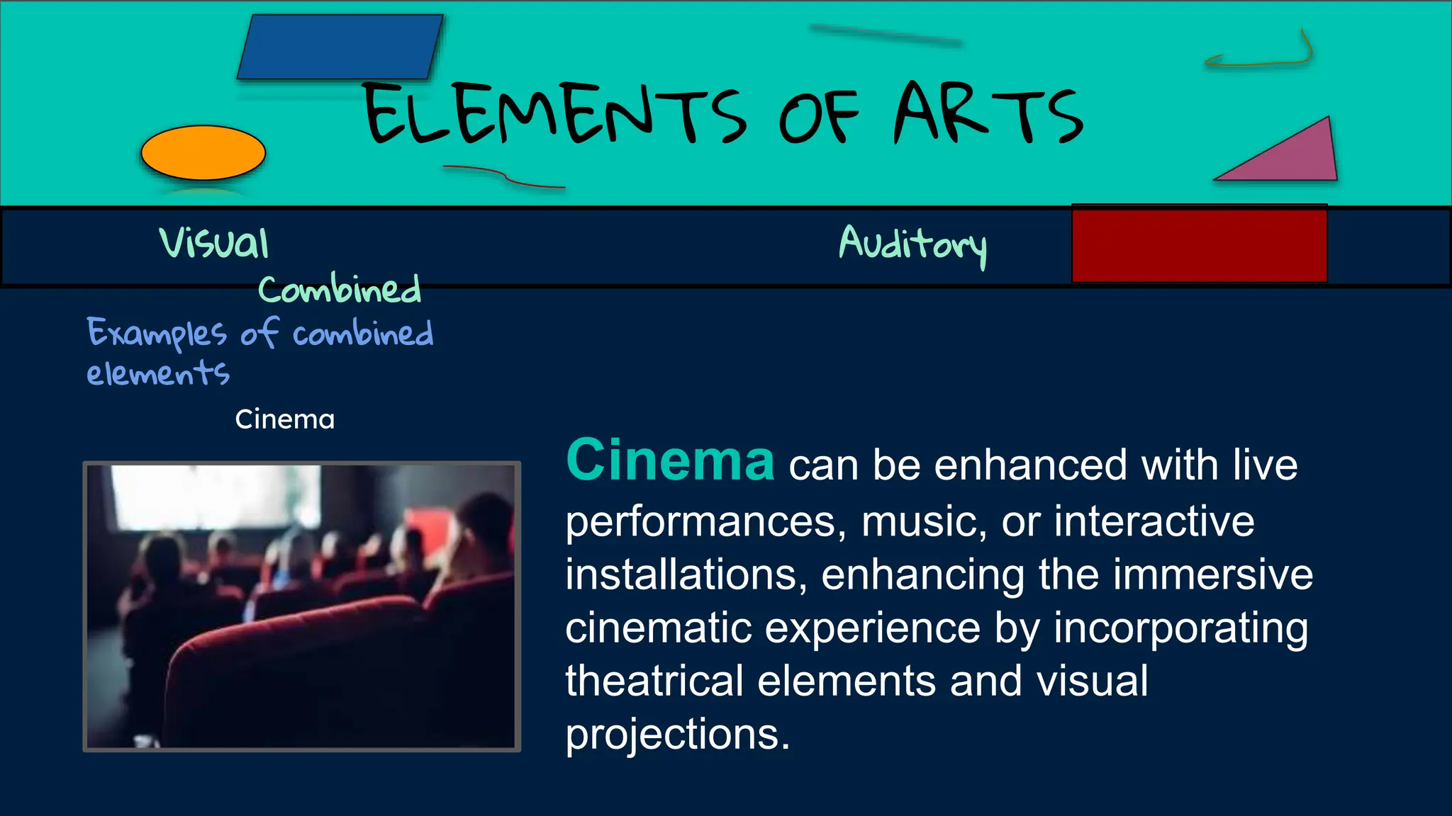 ELEMENTS OF ARTS
Examples of combined
elements
Visual Auditory
Combined
Cinema can be enhanced with live
performances, music, or interactive
installations, enhancing the immersive
cinematic experience by incorporating
theatrical elements and visual
projections.
Cinema
 